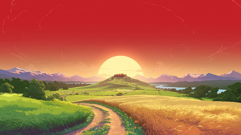 game landscape, sunset, path, road, red sky, mountains, Games, HD wallpaper