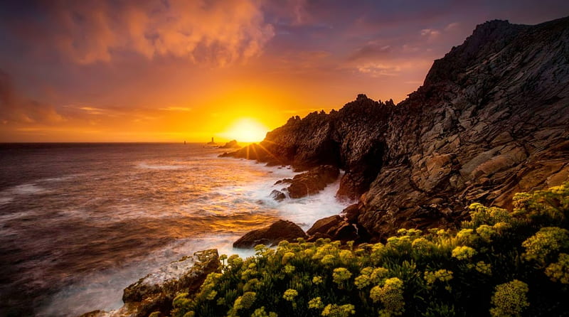 Pointe du Raz, rocks, amazing, ocean, bonito, sunset, waves, sky, sea, stones, flowers, reflection, coast, HD wallpaper