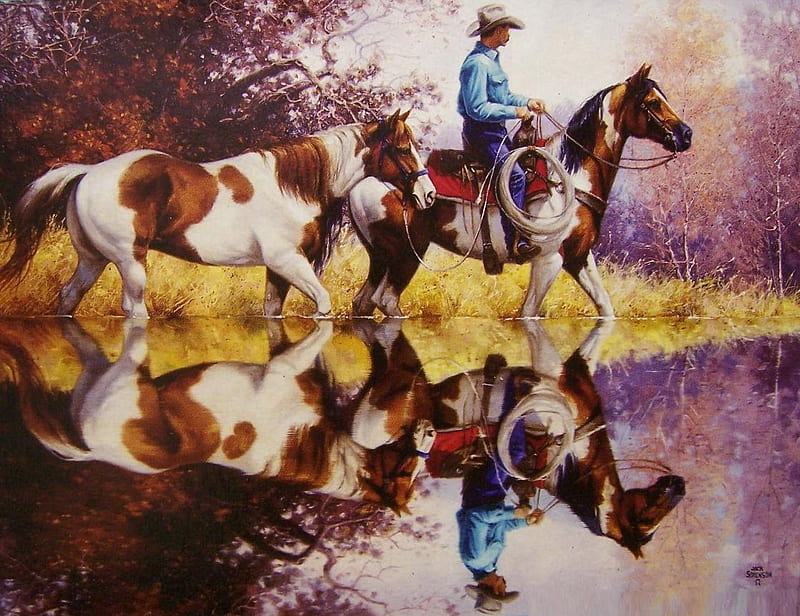 water mirror, paints, reflection, trees, cowboy, horses, HD wallpaper