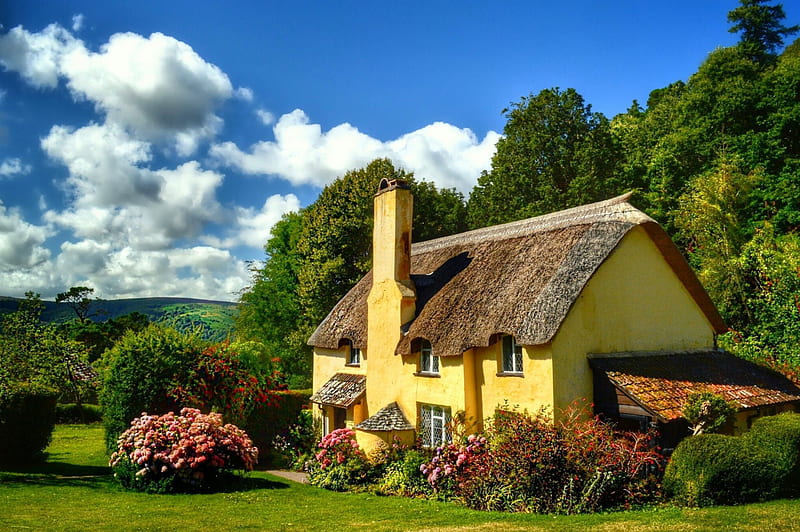 Spring Cottage, hills, cottage, colors, bonito, spring, trees, clouds, shrubs, meadows, England, flowers, garden, HD wallpaper