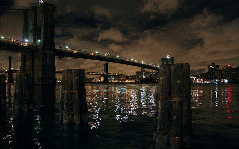 nyc bridges in the middle of night, city, bridges, river, reflection, clouds, pylons, night, HD wallpaper