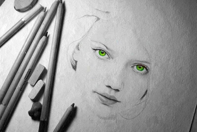 Ojos verdes, lápices, crayones, rostro de mujer, dibujo, desenho, Fondo de  pantalla HD | Peakpx