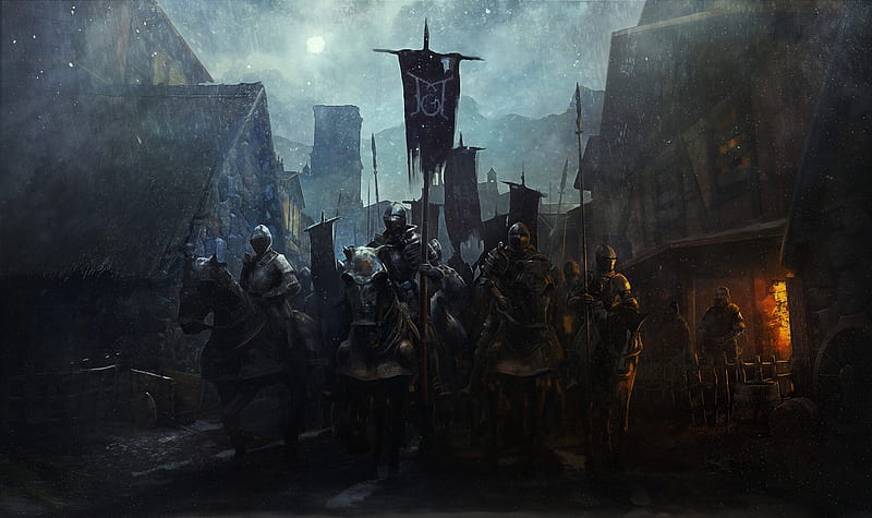 fantasy knights, horses, village, darkness, flags, snow, gloomy, Fantasy, HD wallpaper