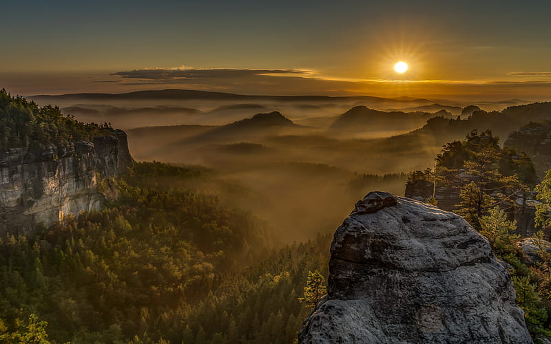 Saxon Switzerland National Park, mountain landscape, morning, fog, sunrise, Alps, Germany, Saxony, HD wallpaper