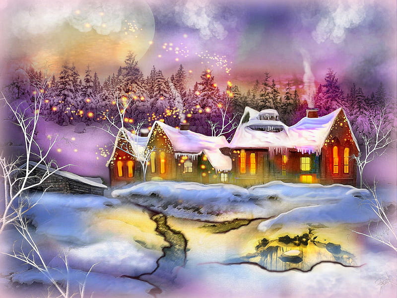  Colores cabaña en el invierno, pueblos, cabañas, vacaciones, iluminación, navidad, Fondo de pantalla HD