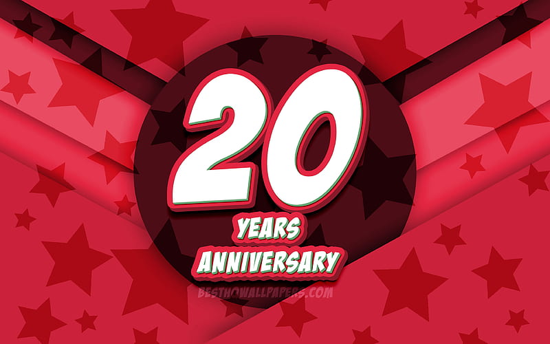 20th anniversary, comic 3D letters, red stars background, 20th anniversary sign, 20 Years Anniversary, artwork, Anniversary concept, HD wallpaper