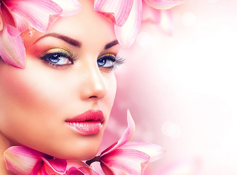Gorgeous Face Of Flowers lip, look, model, sight, gorgeous faces, make-up, eyelash, flowers, beauty, pink, HD wallpaper