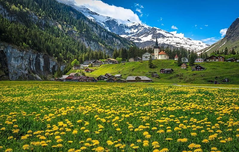 Urnerboden, Switzerland, hills, view, town, bonito, Switzerland, que, mountain, wildflowers, peaceful, village, meadow, HD wallpaper