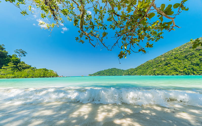 tropical island, ocean, summer, travel, palms, seascape, azure, blue Lagoon, HD wallpaper