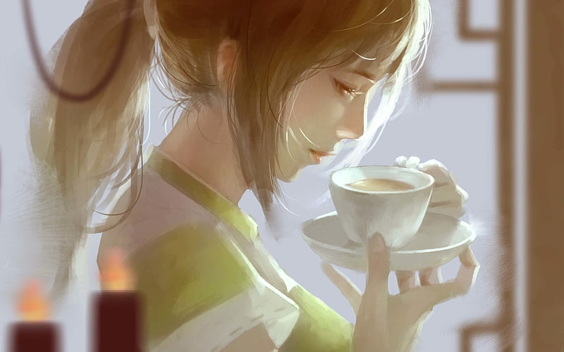 Girl with Coffee, cup, coffee, girl, anime, Spirited Away, HD wallpaper ...