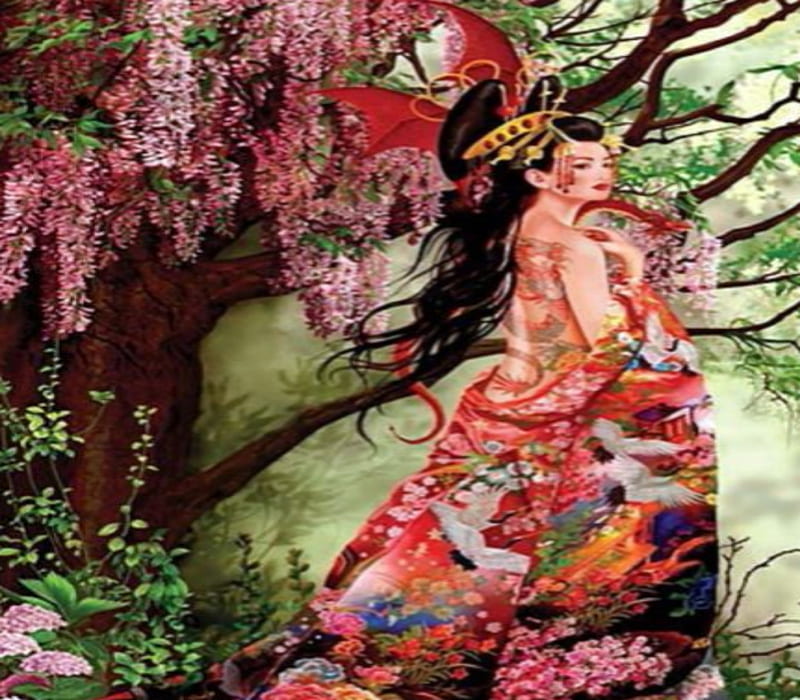 In A Garden, Hand Fan, Woman, Flowers, Nature, Tree, HD wallpaper | Peakpx
