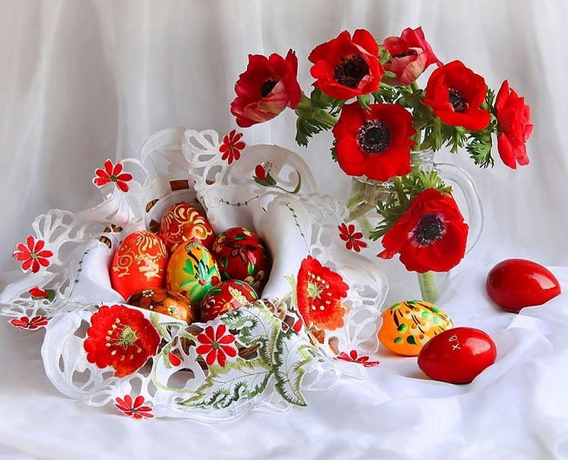 Easter still life, red, background, vase, abstract, still life, Easter, colored, basket, eggs, flowers, beauty, petals, white, other, HD wallpaper