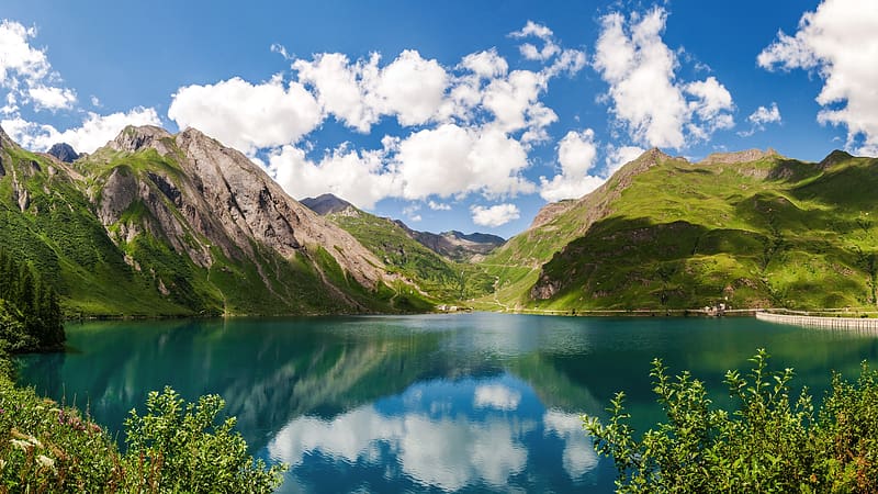 Lake Morasco, Italian Alps, reflections, trees, clouds, landscape, sky, water, rocks, mountains, HD wallpaper