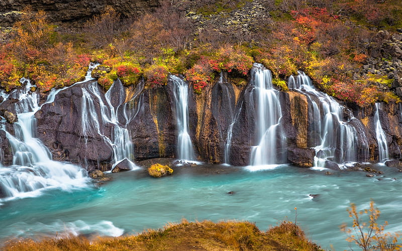 waterfall, rock, lake, winter, Iceland, Hraunfossar, HD wallpaper
