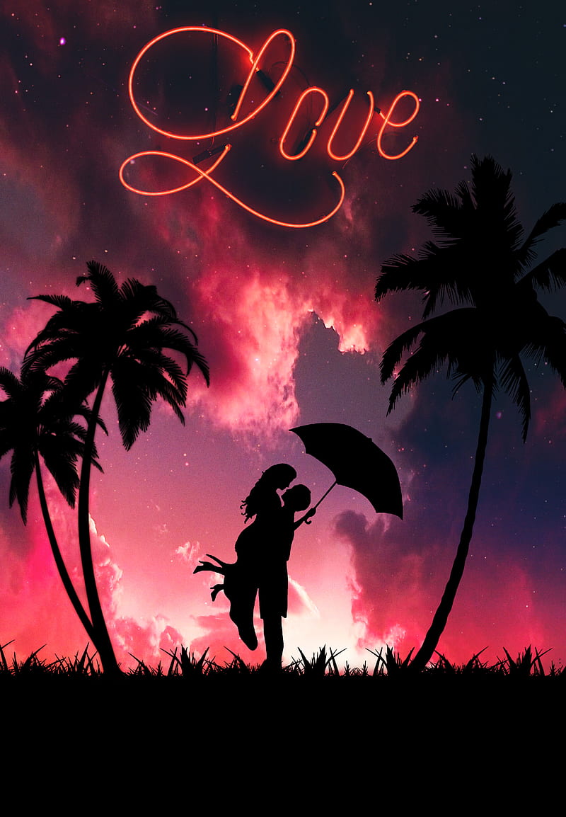silhouettes, couple, love, romance, hugs, palm trees, dark, HD phone wallpaper