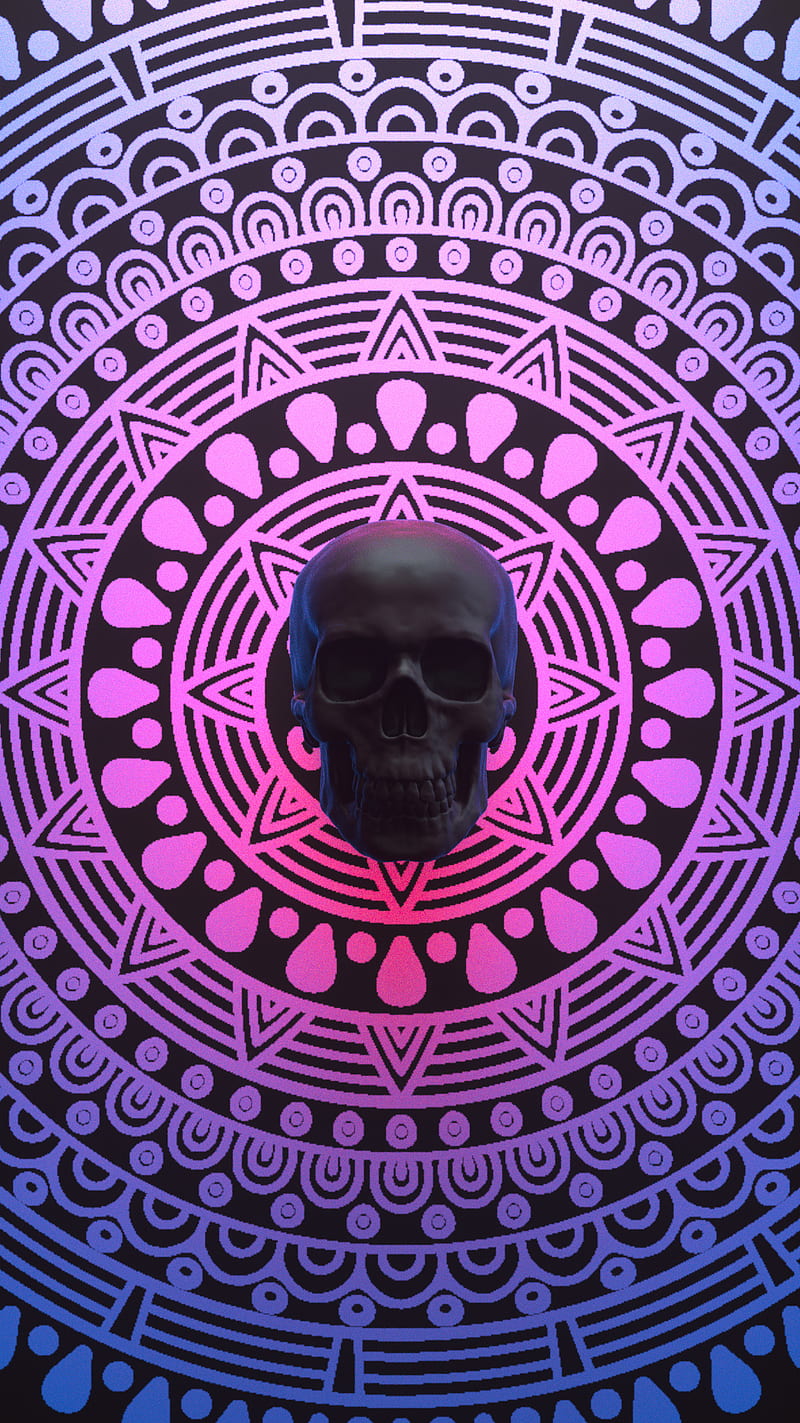 mandala skull, abstract, black, cyber, digital art, neon, pattern, HD phone wallpaper