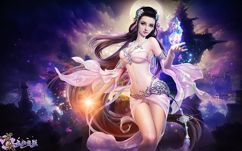 Fantasy girl, fantasy, purple, luminos, girl, game, asian, pink, blue, HD wallpaper
