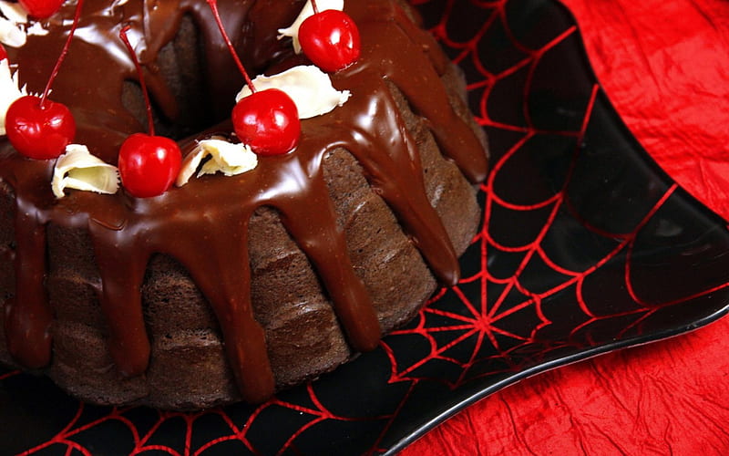 Halloween cake, cake, red, brown, food, halloween, chocolate, black, spider web, sweet, dessert, fruit, cherry, HD wallpaper