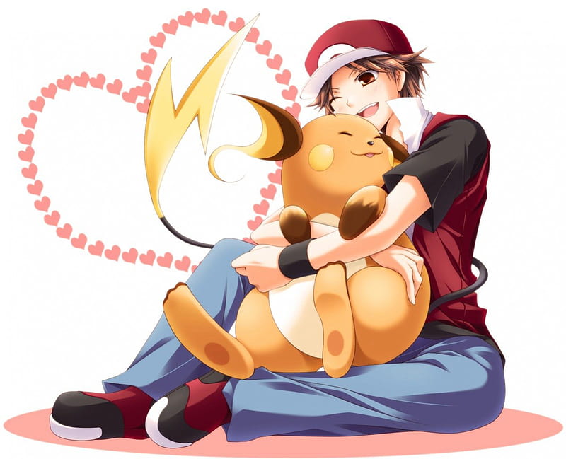 Love my Pokemons , poekmon, male, brown hair, ash, blush, cute, hug, boy, anime, love, heart, HD wallpaper