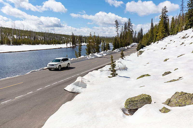 car, road, river, snow, white, HD wallpaper
