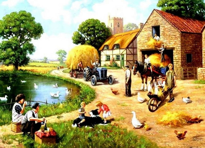 On the Farmyard, house, tractor, poultry, cart, trees, horse, artwork, barn, pond, people, painting, HD wallpaper