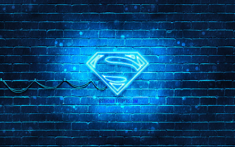 Superman blue logo blue brickwall, Superman logo, superheroes, Superman neon logo, Superman, HD wallpaper