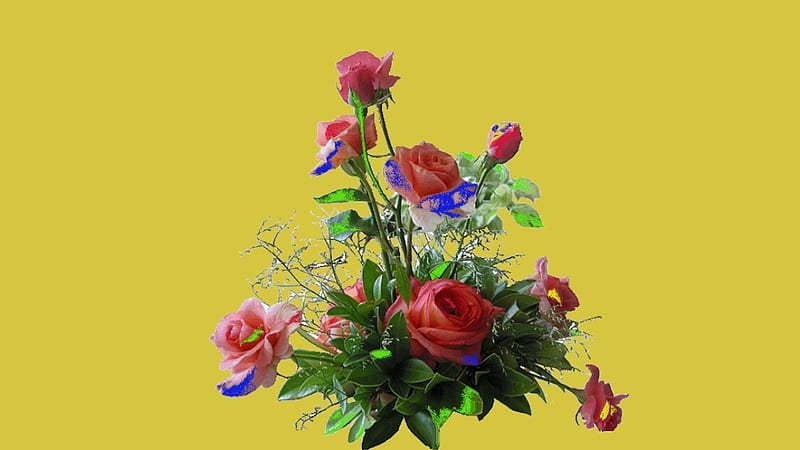 Bukiet kwiatów, tlo, zolte, bukiet, roze, HD wallpaper