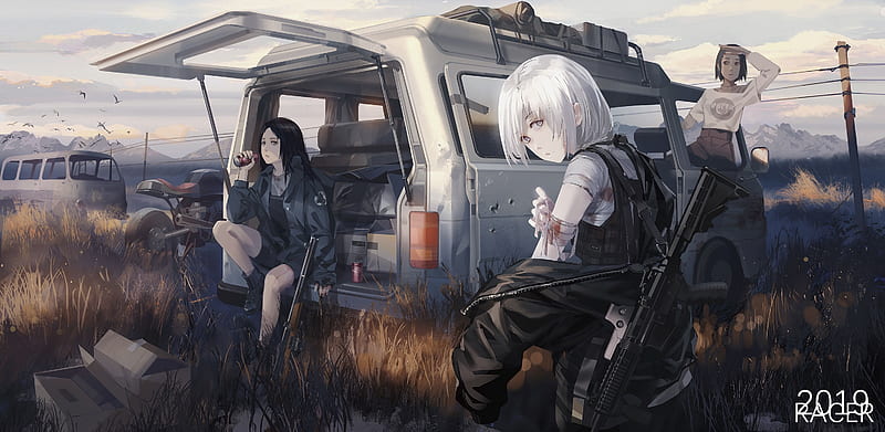 anime girls, bandage, post-apocalyptic, mini van, Anime, HD wallpaper