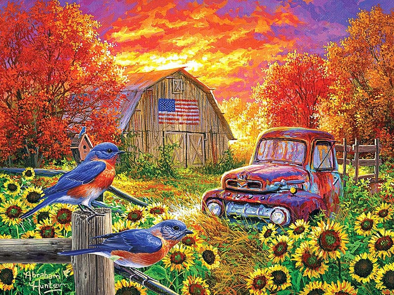 Old Glory, sunflowers, bird, car, colors, trees, sky, sunset, barn, artwork, painting, HD wallpaper