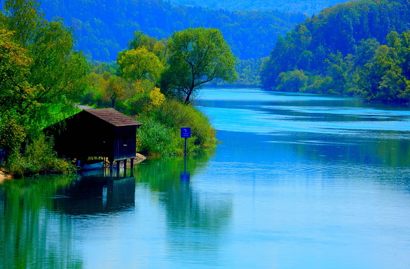 RIVER OF PEACE , rocks, silent, house, flow, clouds, stones, calm ...