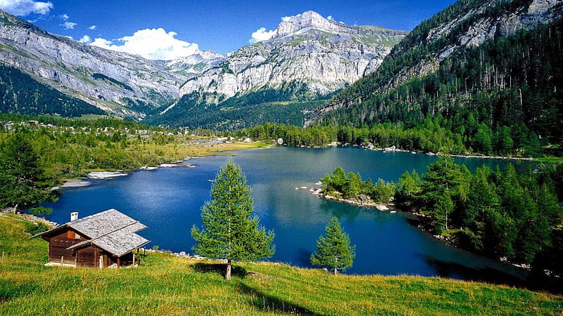 Mountain Lake in Switzerland, cabin, sky, landscape, mountains, clouds, HD wallpaper