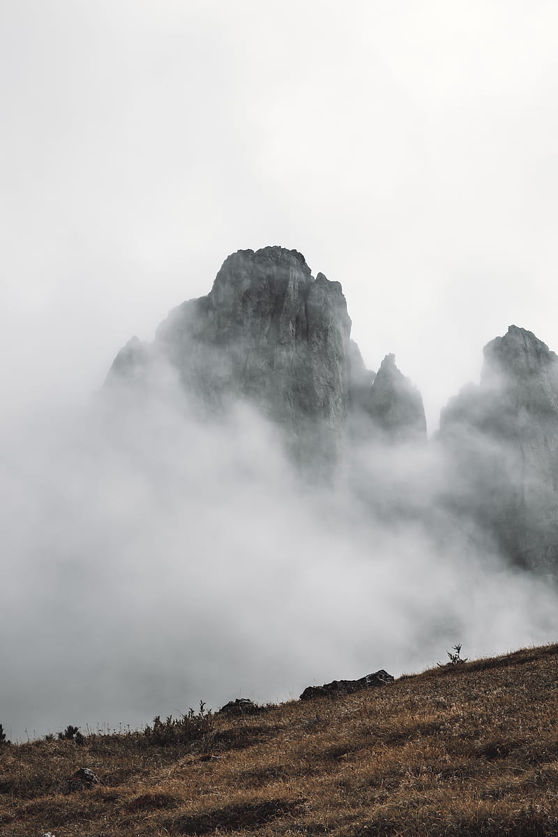 mountains, rocks, fog, slope, grass, HD phone wallpaper