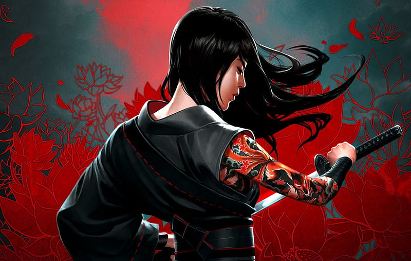 Samurai, red, tattoo, black, woman, fantasy, girl, katana, asian, sword, HD  wallpaper | Peakpx