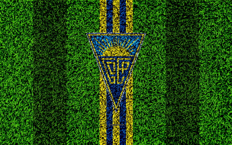 GD Estoril Praia logo, football lawn, Portuguese football club, blue yellow lines, Primeira Liga, Estoril, Portugal, football, Estoril fc, HD wallpaper