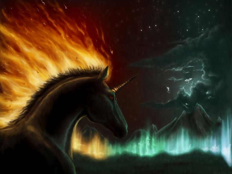 burning unicorn, fire, fantasy, 3d, unicorn, dark, abstract, light, HD wallpaper
