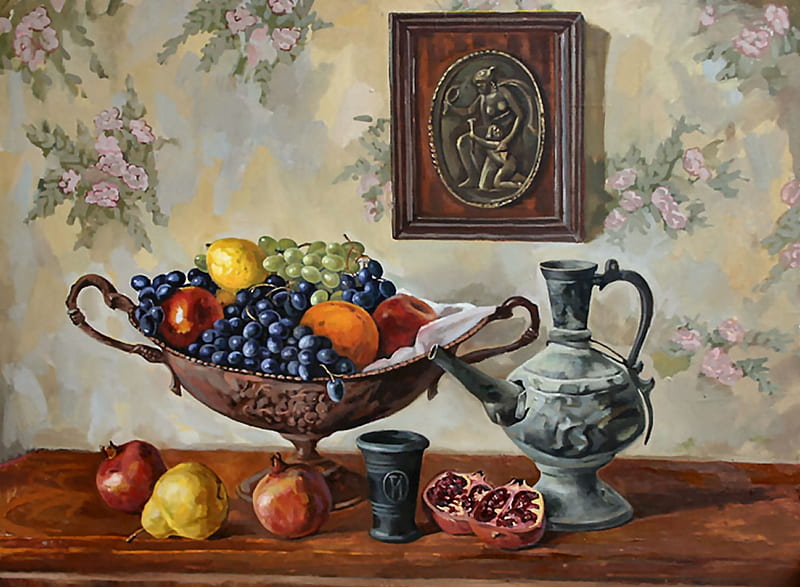 Still Life With Eastern Jug, art, pear, pomegranate, apples, bonito, eastern jug, wall plaque, artwork, lemon, fruit, grapes, still life, painting, wide screen, peach, HD wallpaper