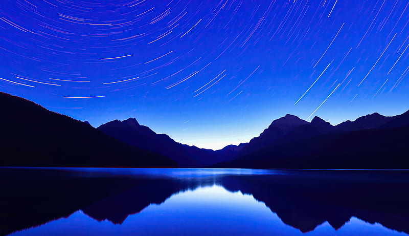 Blue Lake Star Trails , lake, stars, sky, nature, HD wallpaper