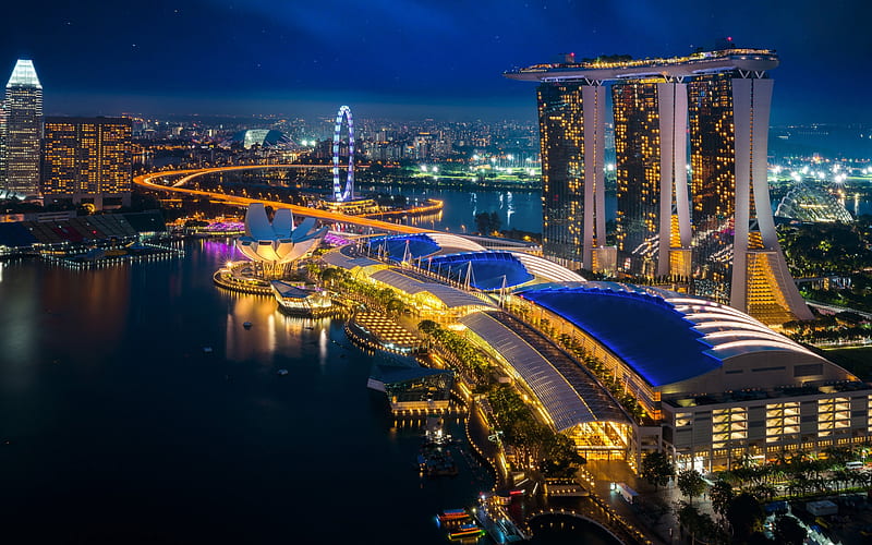 Singapore, night, skyscrapers, Marina Bay Sands, modern architecture, Singapore cityscape, Asia, HD wallpaper