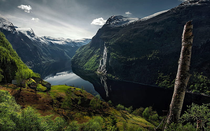 Geirangerfjord, fjord, waterfall, Trollstigen, mountains, Geiranger, Norway, HD wallpaper