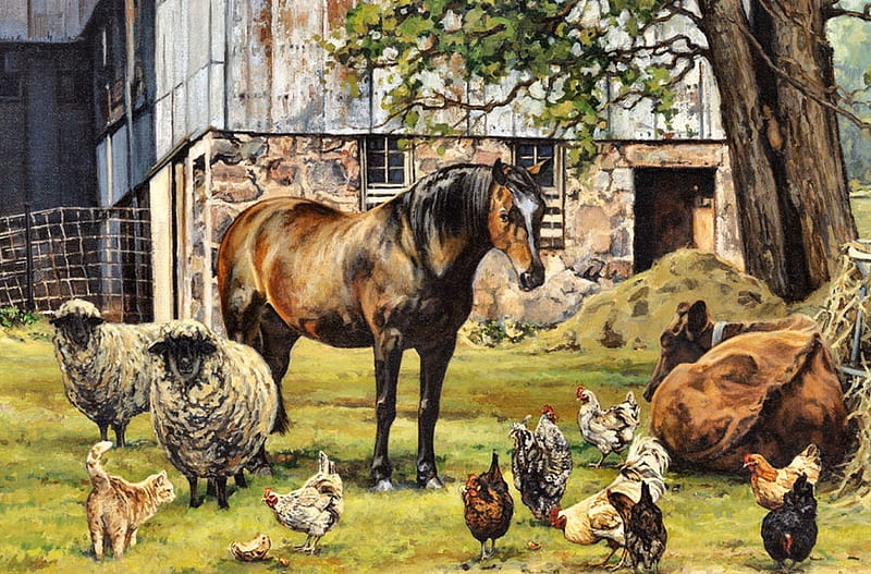 Barnyard Animals F1C, architecture, bovine, equine, bonito, artwork, farm, painting, wide screen, chickens, scenery, animals, art, planting, cow, cat, horse, sheep, pet, feline, crops, landscape, HD wallpaper