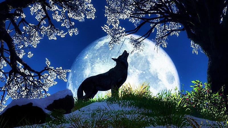 wolf and moon, painting, spring, moon, wolf, HD wallpaper