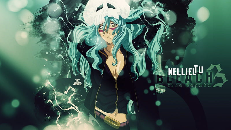 Neliel Tu Oderschvank, bleach, female, green eyes, espada, green background, neliel, girl, nel, anime, lone, arrancar, green hair, HD wallpaper