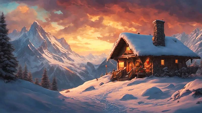 A Small Swiss Cabin In The Snowy Alps, winter, sunset, digital, snow, colors, mountains, art, sky, HD wallpaper