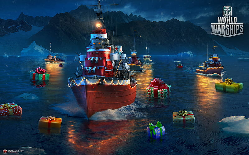 World of Warship, red, luminos, craciun, christmas, gift, sea, winter, fantasy, water, ship, light, HD wallpaper