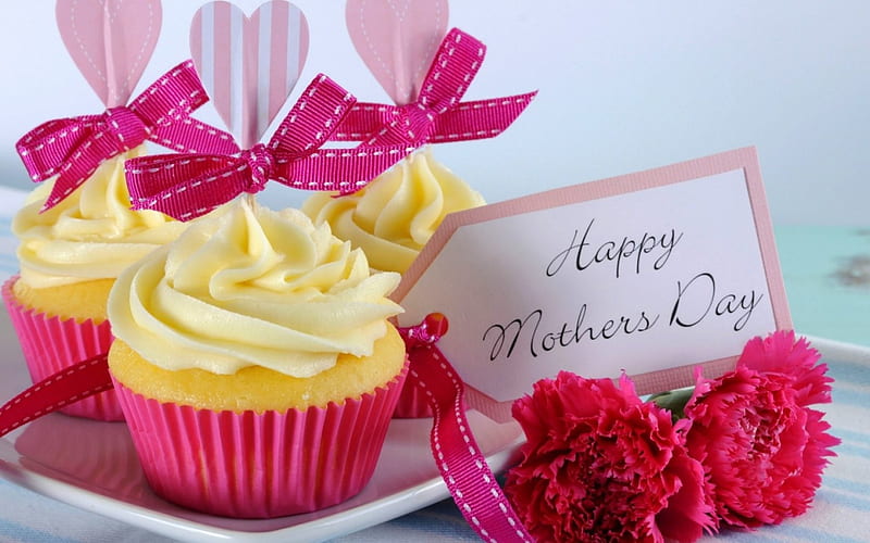 Happy Mother's Day!, food, yellow, mother, sweet, dessert, card, cupcake, dat, flower, pink, cream, muffin, HD wallpaper