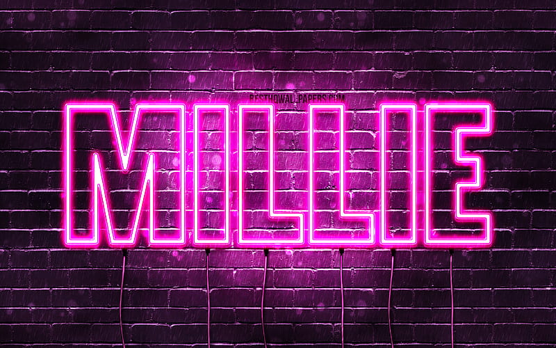Millie with names, female names, Millie name, purple neon lights, horizontal text, with Millie name, HD wallpaper