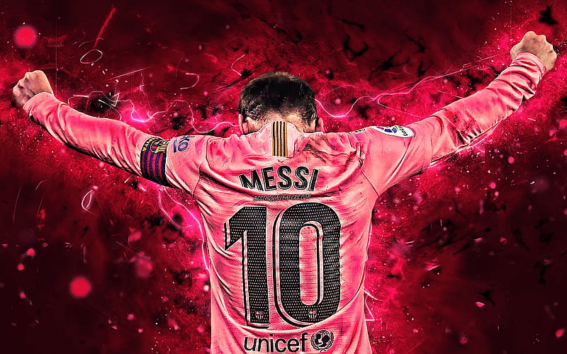 Lionel Messi, back view, pink uniform, Barcelona FC, football stars, FCB, Messi, soccer, footballers, Barca, Leo Messi, argentinian footballers, HD wallpaper