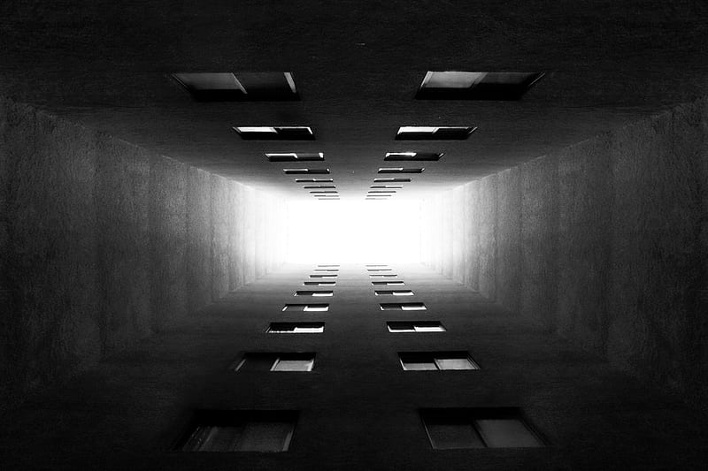 tunnel, bw, glow, distance, windows, HD wallpaper