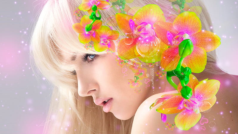 Beauty, model, orange, blonde, creative, woman, tony kokhan, fantasy, girl, green, orchid, flower, face, pink, HD wallpaper