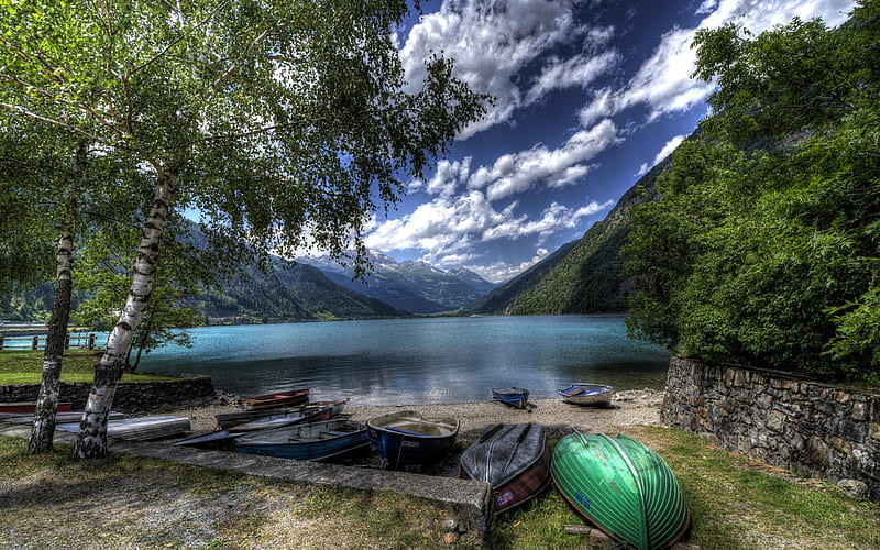 beautiful lake, boats, mountains, Alps mountain landscape, Switzerland, Lake Poschiavo, r, HD wallpaper